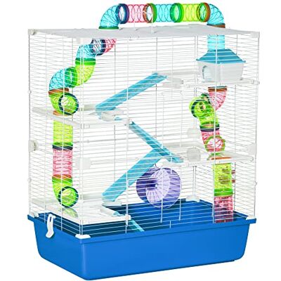 PawHut 5-stöckiger Hamsterkäfig, Rennmauskäfig, 59x36x69 cm, Blau Laufrad, Futternapf, Röhre, Wasserflasche PawHut 5-stöckiger Hamsterkäfig, Rennmauskäfig, 59x36x69 cm, Blau Laufrad, Futternapf, Röhre, Wasserflasche