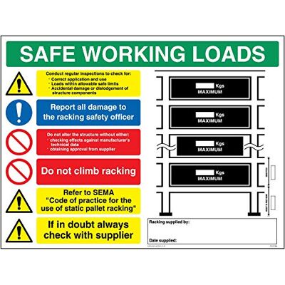 Viking CV5196-A3L-1M Schild "Safe Working Load Racking", 1 mm Kunststoff, halbstarr, 400 mm H x 300 mm B Viking CV5196-A3L-1M Schild "Safe Working Load Racking", 1 mm Kunststoff, halbstarr, 400 mm H x 300 mm B