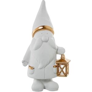 DRW Figur eines Wichtels mit Keramiklaterne in Weiß und Gold, 24 x 16 x 45 cm DRW Figur eines Wichtels mit Keramiklaterne in Weiß und Gold, 24 x 16 x 45 cm