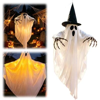 Generic Halloween beleuchteter hängender Geist mit Hexenhut – Outdoor Deko Halloween-Geist-Dekoration, nächtlicher visueller Effekt, hängende Szene für Außenbereich, einfache Installation, Generic Halloween beleuchteter hängender Geist mit Hexenhut – Outdoor Deko Halloween-Geist-Dekoration, nächtlicher visueller Effekt, hängende Szene für Außenbereich, einfache Installation,