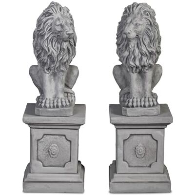 gartendekoparadies.de Löwen-Paar auf Steinsockel, Grau, Steinguss, 92 cm Höhe, Frostsicher, Klassische Torwächter-Figuren (2er-Set) gartendekoparadies.de Löwen-Paar auf Steinsockel, Grau, Steinguss, 92 cm Höhe, Frostsicher, Klassische Torwächter-Figuren (2er-Set)