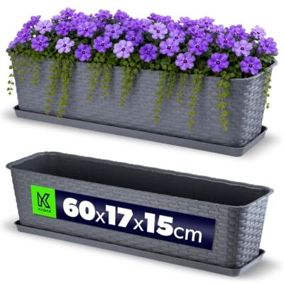 KADAX Blumenkasten 60 cm Grafit mit Untersetzer, Rattan-Optik – Pflanzkübel für Balkon oder Terrasse, wetterfester Balkonkasten KADAX Blumenkasten 60 cm Grafit mit Untersetzer, Rattan-Optik – Pflanzkübel für Balkon oder Terrasse, wetterfester Balkonkasten