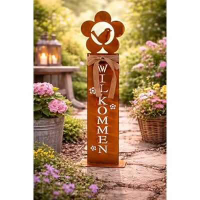 KAMACA Gartenschild Willkommen Metall Edelrost-Optik 58 x 15 cm – Deko Säule & Gartenstecker Vintage – Metallschild mit Vogel & Schleife – Wetterfeste Gartendeko für Eingang, Beet, Balkon & Terrasse KAMACA Gartenschild Willkommen Metall Edelrost-Optik 58 x 15 cm – Deko Säule & Gartenstecker Vintage – Metallschild mit Vogel & Schleife – Wetterfeste Gartendeko für Eingang, Beet, Balkon & Terrasse