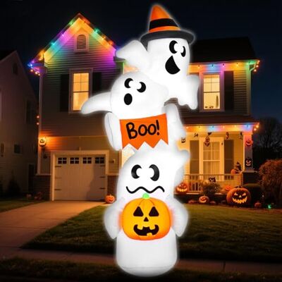 JOYIN Halloween Geist Deko Aufblasbar 2,7m, 3 Gestapelte Lustige Geister mit LED-Beleuchtung, Kürbis & Boo Schild, Riesige Aufblasbare Gespenster Outdoor Deko für Garten, Rasen, Vorgarten, Party JOYIN Halloween Geist Deko Aufblasbar 2,7m, 3 Gestapelte Lustige Geister mit LED-Beleuchtung, Kürbis & Boo Schild, Riesige Aufblasbare Gespenster Outdoor Deko für Garten, Rasen, Vorgarten, Party