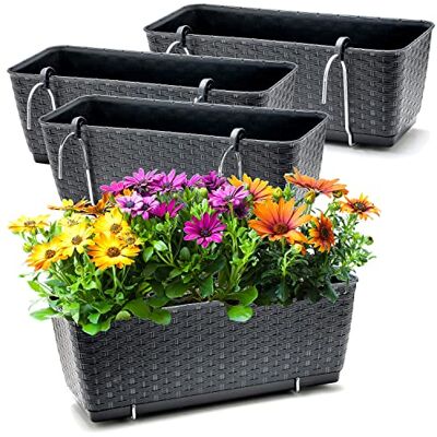 BigDean 4 Balkonkästen mit Metall Halterung 39 cm lang & Bewässerungssystem Blumenkästen für Balkon Geländer Farbe Anthrazit in Rattan-Optik 39 x 15,5 x 14 cm BigDean 4 Balkonkästen mit Metall Halterung 39 cm lang & Bewässerungssystem Blumenkästen für Balkon Geländer Farbe Anthrazit in Rattan-Optik 39 x 15,5 x 14 cm
