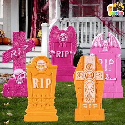 JOYIN 43,2 cm große Halloween-Grabsteine für den Außenbereich, 5 Stück rosa Halloween-Grabsteine aus Schaumstoff „RIP“ für den Friedhof mit 12 Metallpfählen für Gräber, Friedhof, Hof, Rasen JOYIN 43,2 cm große Halloween-Grabsteine für den Außenbereich, 5 Stück rosa Halloween-Grabsteine aus Schaumstoff „RIP“ für den Friedhof mit 12 Metallpfählen für Gräber, Friedhof, Hof, Rasen