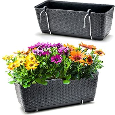 BigDean 2 Balkonkästen mit Metall Halterung 39 cm lang & Bewässerungssystem Blumenkästen für Balkon Geländer Farbe Anthrazit in Rattan-Optik 39 x 15,5 x 14 cm BigDean 2 Balkonkästen mit Metall Halterung 39 cm lang & Bewässerungssystem Blumenkästen für Balkon Geländer Farbe Anthrazit in Rattan-Optik 39 x 15,5 x 14 cm