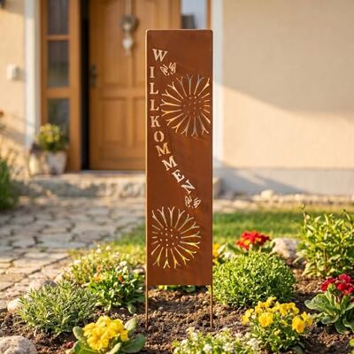 levandeo Gartenstecker Willkommen, Gartenstele aus Metall in Edelrost, 20 x 100 cm, Blumen- und Schmetterlings-Ausstanzungen, vertikaler Schriftzug „WILLKOMMEN“, Rostoptik Braun, Gartenschild levandeo Gartenstecker Willkommen, Gartenstele aus Metall in Edelrost, 20 x 100 cm, Blumen- und Schmetterlings-Ausstanzungen, vertikaler Schriftzug „WILLKOMMEN“, Rostoptik Braun, Gartenschild