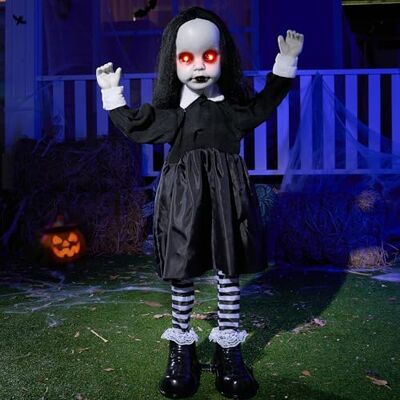 JOYIN Gruselige Halloween-Dekorationen für den Außenbereich, 86,4 cm, schwarzes Zombie-Mädchen, Geist, Animatronik-Dekor mit geräuschaktiviertem Sensor, leuchtende LED-Augen für Garten, Rasen, Hof JOYIN Gruselige Halloween-Dekorationen für den Außenbereich, 86,4 cm, schwarzes Zombie-Mädchen, Geist, Animatronik-Dekor mit geräuschaktiviertem Sensor, leuchtende LED-Augen für Garten, Rasen, Hof