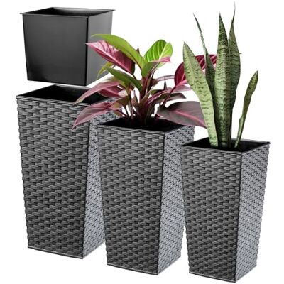 KADAX 3er Set Pflanzkübel mit Innentopf 36/46,5/57,5 cm Höhe, Grafit Rattan – wetterfeste & robuste Blumenkübel aus Kunststoff, Blumentöpfe für Innen- & Außenbereich KADAX 3er Set Pflanzkübel mit Innentopf 36/46,5/57,5 cm Höhe, Grafit Rattan – wetterfeste & robuste Blumenkübel aus Kunststoff, Blumentöpfe für Innen- & Außenbereich