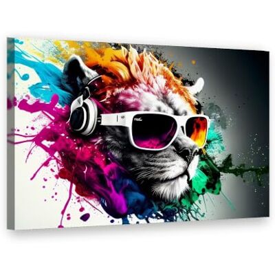 Visario Leinwandbild 80x60 cm 4052 Löwe mit Sonnenbrille und Kopfhörer, Pop Art bunt Wandbild fertig aufgespannt auf Holzrahmen Visario Leinwandbild 80x60 cm 4052 Löwe mit Sonnenbrille und Kopfhörer, Pop Art bunt Wandbild fertig aufgespannt auf Holzrahmen