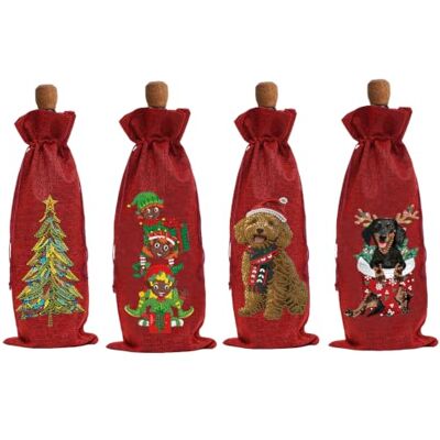 Generic 4 Stück Weihnachten DIY 5D Diamond Art Weinflaschenbeutel-Set mit 4 x Beutel mit unregelmäßig geformten Strasssteinen, 4 x Weinhülle aus Leinen, 4 x Malwerkzeuge für Strasssteine, Generic 4 Stück Weihnachten DIY 5D Diamond Art Weinflaschenbeutel-Set mit 4 x Beutel mit unregelmäßig geformten Strasssteinen, 4 x Weinhülle aus Leinen, 4 x Malwerkzeuge für Strasssteine,