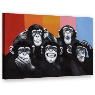 Visario Leinwandbild 80x60 cm 4004 Fünf Affen vor Regenbogen-Streifen, Pop Art Wandbild fertig aufgespannt auf Holzrahmen Visario Leinwandbild 80x60 cm 4004 Fünf Affen vor Regenbogen-Streifen, Pop Art Wandbild fertig aufgespannt auf Holzrahmen