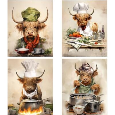 MOCVSWO Lustige Kuh-Leinwandkunst, humorvolle braune Hochlandkühe kochen, verführerische Lebensmittel, Küchenbilder, geeignet für Küchen und Schlafzimmer, Tierkunstdrucke, 4er-Set (20,3 x 25,4 cm, MOCVSWO Lustige Kuh-Leinwandkunst, humorvolle braune Hochlandkühe kochen, verführerische Lebensmittel, Küchenbilder, geeignet für Küchen und Schlafzimmer, Tierkunstdrucke, 4er-Set (20,3 x 25,4 cm,