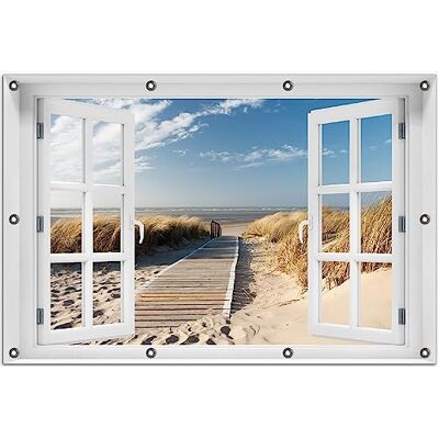 Wallario Outdoor-Poster für Garten oder Balkon Auf dem Holzweg zum Strand, Motivbanner Größe: ca. 80 x 120 cm Fenster-Illusion Wallario Outdoor-Poster für Garten oder Balkon Auf dem Holzweg zum Strand, Motivbanner Größe: ca. 80 x 120 cm Fenster-Illusion