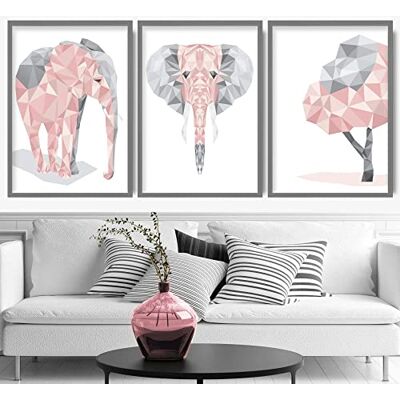ARTZE Wall Art Geometrische Elefanten-Kunstdrucke, 3-teiliges Set, 40 cm Breite x 50 cm Höhe, Blush Pink ARTZE Wall Art Geometrische Elefanten-Kunstdrucke, 3-teiliges Set, 40 cm Breite x 50 cm Höhe, Blush Pink