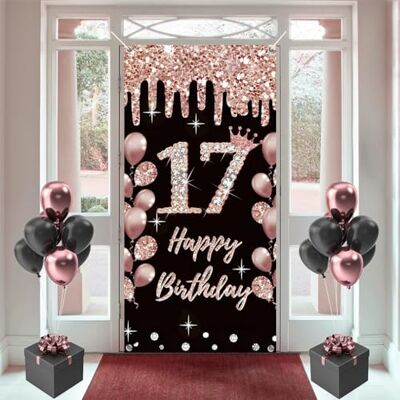 Tecreo 17. Geburtstag Dekorationen für Mädchen, Happy 17 Jahre Stoff-Schild Poster Rosegold Hintergrund, 180 cm x 90 cm Tecreo 17. Geburtstag Dekorationen für Mädchen, Happy 17 Jahre Stoff-Schild Poster Rosegold Hintergrund, 180 cm x 90 cm