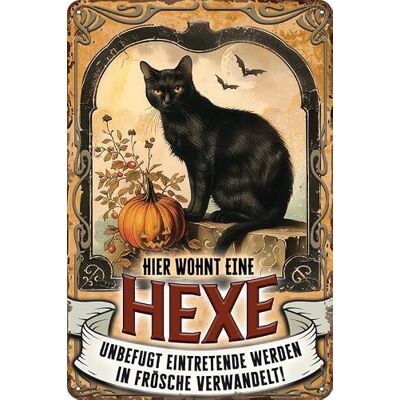 LuckyLinde Retro Blechschild für Hexen Fans, HIER WOHNT EINE HEXE, ...werden in Frösche verwandelt! Lustiger Spruch, Warnhinweis, Deko Schild, 20 x 30 cm (Katze) LuckyLinde Retro Blechschild für Hexen Fans, HIER WOHNT EINE HEXE, ...werden in Frösche verwandelt! Lustiger Spruch, Warnhinweis, Deko Schild, 20 x 30 cm (Katze)