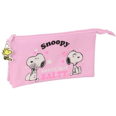 safta Federtasche Snoopy, 3 Fächer, flaches Format Maße 22 x 3 x 12 cm, 90 g, zartes Rosa mit Streifen, für Grundschule, Peanuts-Lizenz, Woodstock-Anhänger am Schieber safta Federtasche Snoopy, 3 Fächer, flaches Format Maße 22 x 3 x 12 cm, 90 g, zartes Rosa mit Streifen, für Grundschule, Peanuts-Lizenz, Woodstock-Anhänger am Schieber