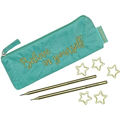 Papierdrachen Mäppchen aus Samt Elegantes Federmäppchen in türkis mit motivierendem Spruch, 2 Bleistifen und 5 goldenen Paper Clips Uni und Schule Set Nr 1 Papierdrachen Mäppchen aus Samt Elegantes Federmäppchen in türkis mit motivierendem Spruch, 2 Bleistifen und 5 goldenen Paper Clips Uni und Schule Set Nr 1