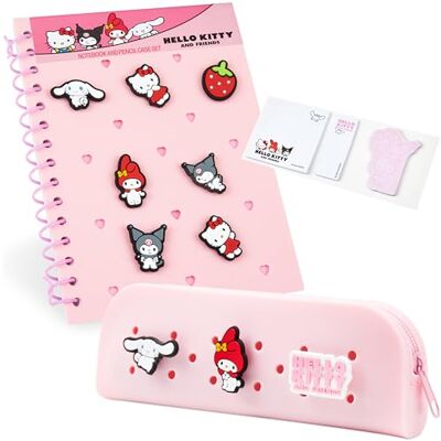Hello Kitty Notizbuch A5 mit Federmäppchen und Chibi-Charakter-Pins, Notizbuch Set Schreibwaren Set für die Schule, Geschenke für Kinder Hello Kitty Notizbuch A5 mit Federmäppchen und Chibi-Charakter-Pins, Notizbuch Set Schreibwaren Set für die Schule, Geschenke für Kinder