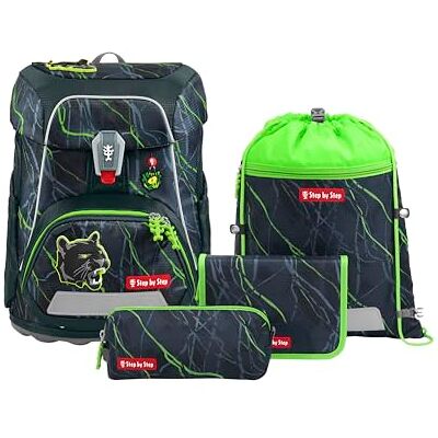 Step by Step Schulranzen-Set FIT „Danger Cat Chiko“ 5-teilig, grau-grün, Panther-Design, ergonomischer Tornister mit Reflektoren, höhenverstellbar mit Hüftgurt für Jungen ab der 1. Klasse, 19L Step by Step Schulranzen-Set FIT „Danger Cat Chiko“ 5-teilig, grau-grün, Panther-Design, ergonomischer Tornister mit Reflektoren, höhenverstellbar mit Hüftgurt für Jungen ab der 1. Klasse, 19L