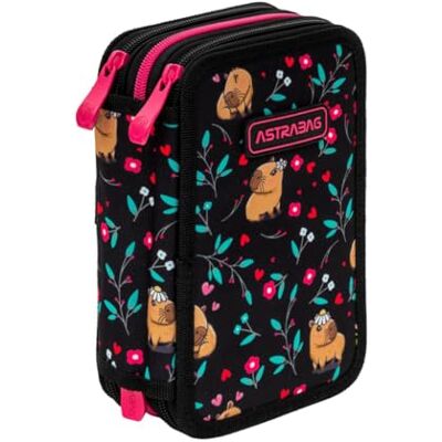 Astra Jumbo 3-Fach Federmäppchen Flower CAPI Capibara/Kapibara Schwarz, gefüllt, 3 Fächer, für Mädchen Astra Jumbo 3-Fach Federmäppchen Flower CAPI Capibara/Kapibara Schwarz, gefüllt, 3 Fächer, für Mädchen