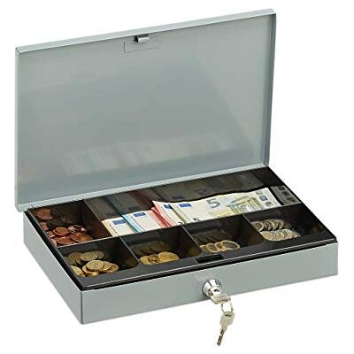 Relaxdays Abschließbare Geldkassette, flache Kasse mit Münzfach, grau 2 Schlüssel, Geldzählkassette HxBxT: 5x30x20 cm Relaxdays Abschließbare Geldkassette, flache Kasse mit Münzfach, grau 2 Schlüssel, Geldzählkassette HxBxT: 5x30x20 cm