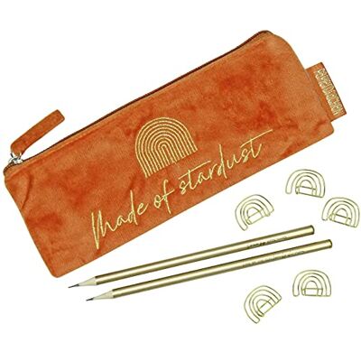 Papierdrachen Mäppchen aus Samt Elegantes Federmäppchen in rost mit motivierendem Spruch, 2 Bleistifen und 5 goldenen Paper Clips Uni und Schule Set Nr 4 Papierdrachen Mäppchen aus Samt Elegantes Federmäppchen in rost mit motivierendem Spruch, 2 Bleistifen und 5 goldenen Paper Clips Uni und Schule Set Nr 4