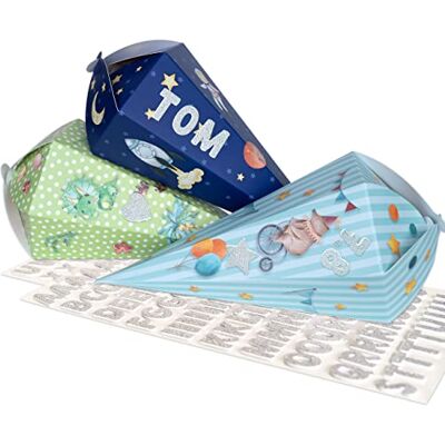 Papierdrachen 3 Bedruckte Schultüten zur Einschulung kleine Zuckertüte für Schwester und Bruder Blau Grün inkl. dekorativen Moosgummi Aufklebern Papierdrachen 3 Bedruckte Schultüten zur Einschulung kleine Zuckertüte für Schwester und Bruder Blau Grün inkl. dekorativen Moosgummi Aufklebern