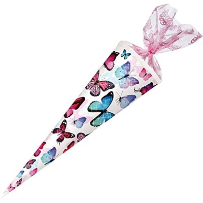 Nestler 5707795s Schultüte Schmetterling, 70 cm, rund, mit Textilborte und Verschluss aus Organza, mit Glitzerdruck Nestler 5707795s Schultüte Schmetterling, 70 cm, rund, mit Textilborte und Verschluss aus Organza, mit Glitzerdruck