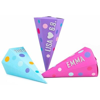 Papierdrachen 3 Geschwistertüten Schultüte zur Einschulung kleine Zuckertüte für Schwester und Bruder Türkis, Lila & Pink inkl. dekorativen Moosgummi Aufklebern Papierdrachen 3 Geschwistertüten Schultüte zur Einschulung kleine Zuckertüte für Schwester und Bruder Türkis, Lila & Pink inkl. dekorativen Moosgummi Aufklebern