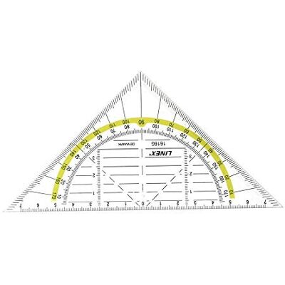 Linex 1616G Geometrie-Dreieck, Hypotenuse 16cm, Kunststoff, Winkelmesser, Facette, metrische Skala Linex 1616G Geometrie-Dreieck, Hypotenuse 16cm, Kunststoff, Winkelmesser, Facette, metrische Skala