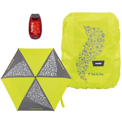 Step by Step Regen und Sicherheits-Set 3-teilig, Gelb, Zubehör mit wasserdichter Regenhülle, LED-Sicherheits & Taschenschirm-reflektierend inkl. Klemmleuchte, für Kinder Schulweg Step by Step Regen und Sicherheits-Set 3-teilig, Gelb, Zubehör mit wasserdichter Regenhülle, LED-Sicherheits & Taschenschirm-reflektierend inkl. Klemmleuchte, für Kinder Schulweg