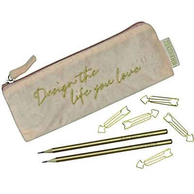 Papierdrachen Mäppchen aus Samt Elegantes Federmäppchen in Puder mit motivierendem Spruch, 2 Bleistifen und 5 goldenen Paper Clips Uni und Schule Set Nr 3 Papierdrachen Mäppchen aus Samt Elegantes Federmäppchen in Puder mit motivierendem Spruch, 2 Bleistifen und 5 goldenen Paper Clips Uni und Schule Set Nr 3
