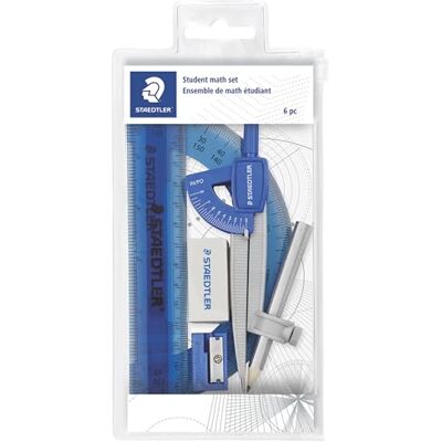 Staedtler Mathematik-Set für Schüler, mit 6-teiligem Kompass, 15,2 cm Lineal, 180°-Winkelmesser, Bleistift, Radiergummi und Spitzer in Aufbewahrungstasche mit Reißverschluss Staedtler Mathematik-Set für Schüler, mit 6-teiligem Kompass, 15,2 cm Lineal, 180°-Winkelmesser, Bleistift, Radiergummi und Spitzer in Aufbewahrungstasche mit Reißverschluss