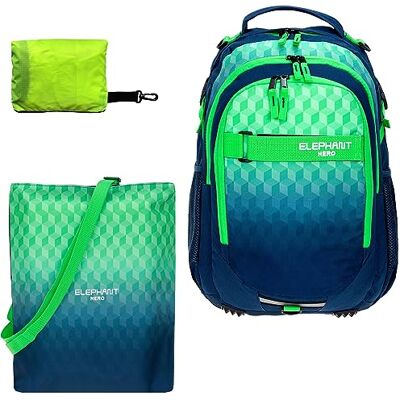 Elephant 3tlg. Set Schulrucksack Hero 12810 Cube Green Blue rtp Signature Jungen Mädchen Blau Grün Schule Tasche Brustgurt mit Sportbeutel Attach Bag und Regenhülle Premium Elephant 3tlg. Set Schulrucksack Hero 12810 Cube Green Blue rtp Signature Jungen Mädchen Blau Grün Schule Tasche Brustgurt mit Sportbeutel Attach Bag und Regenhülle Premium