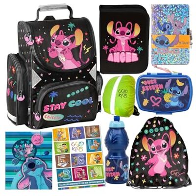 PASO Schulranzen für Jungen und Mädchen 9er-Set Schul-Rucksack mit Rollen für Kinder mit Federmäppchen Schuhbeutel Brotdose Trinkflasche Lilo und Stitch Motiv PASO Schulranzen für Jungen und Mädchen 9er-Set Schul-Rucksack mit Rollen für Kinder mit Federmäppchen Schuhbeutel Brotdose Trinkflasche Lilo und Stitch Motiv