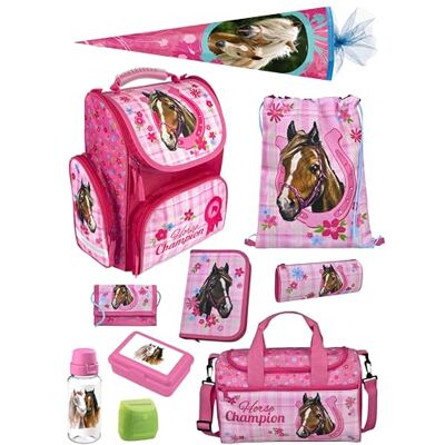 Familando Schulranzen Set CLOU 10-teilig mit Schultüte Pferde Ergonomisch, stabil & mit gepolstertem Rücken 930g leicht 15L Volumen Mit Reflektoren Für Grundschule ab 1. Klasse Familando Schulranzen Set CLOU 10-teilig mit Schultüte Pferde Ergonomisch, stabil & mit gepolstertem Rücken 930g leicht 15L Volumen Mit Reflektoren Für Grundschule ab 1. Klasse