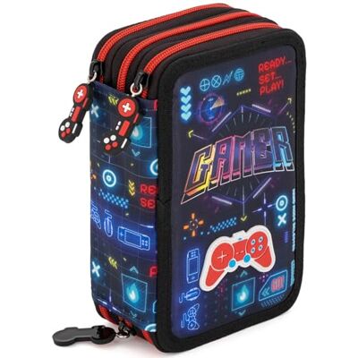 Ross 3-Fach Federmäppchen Jungen Gefüllt 46 Teile Schulmäppchen Set Gamer Federtasche mit 3 radierbaren Stiften, Filzstiften, Buntstiften, Videospiel Design Ross 3-Fach Federmäppchen Jungen Gefüllt 46 Teile Schulmäppchen Set Gamer Federtasche mit 3 radierbaren Stiften, Filzstiften, Buntstiften, Videospiel Design