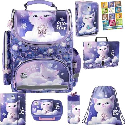 PASO - Schulranzen für Mädchen, 8er-Set Schul-Rucksack für Kinder mit Federmäppchen Schuhbeutel Trinkflasche und Brotdose Katze Motiv- 1-3 Klasse PASO - Schulranzen für Mädchen, 8er-Set Schul-Rucksack für Kinder mit Federmäppchen Schuhbeutel Trinkflasche und Brotdose Katze Motiv- 1-3 Klasse