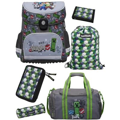 Familando Schulranzen Set 6-teilig mit Federmappe Minecraft Ergonomisch, stabil & mit gepolstertem Rücken 1250g leicht 18L Volumen Mit Reflektoren Für Grundschule ab 1. Klasse Familando Schulranzen Set 6-teilig mit Federmappe Minecraft Ergonomisch, stabil & mit gepolstertem Rücken 1250g leicht 18L Volumen Mit Reflektoren Für Grundschule ab 1. Klasse