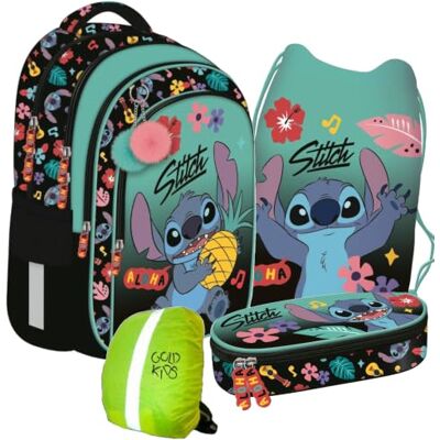 PASO - Schulranzen für Jungen und Mädchen, 4er-Set Schul-Rucksack für Kinder mit Schlampermäppchen- Schuhbeutel und Regenschutz Stitch Motiv PASO - Schulranzen für Jungen und Mädchen, 4er-Set Schul-Rucksack für Kinder mit Schlampermäppchen- Schuhbeutel und Regenschutz Stitch Motiv