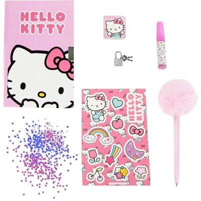 Hello Kitty Schreibwaren Set, Inklusive 1 Pom-Pom Stift, Pailletten, Aufklebern, Notizbuch, Schloss und Schlüssel, Geschenk Set für Mädchen Hello Kitty Schreibwaren Set, Inklusive 1 Pom-Pom Stift, Pailletten, Aufklebern, Notizbuch, Schloss und Schlüssel, Geschenk Set für Mädchen