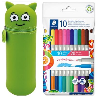 COLOP MARKY Federmäppchen im Emoji-Design in Grün, weiches und strapazierfähiges Silikon, inkl. 10 STAEDTLER Doppelfasermaler Twin Color, Zwei Spitzen mit Zwei Farben, Linienbreiten 3 mm und 1 mm COLOP MARKY Federmäppchen im Emoji-Design in Grün, weiches und strapazierfähiges Silikon, inkl. 10 STAEDTLER Doppelfasermaler Twin Color, Zwei Spitzen mit Zwei Farben, Linienbreiten 3 mm und 1 mm