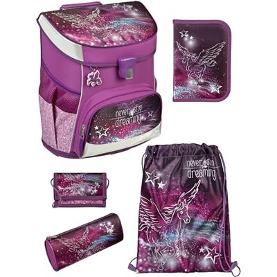 Familando Scooli Campus Fit Schulranzen Set 5-teilig mit Federmappe Pegasus Violett Ergonomisch, Stabil & 980g leicht 18L Volumen Brustgurt & Reflektoren Für Grundschule ab 1. Klasse Familando Scooli Campus Fit Schulranzen Set 5-teilig mit Federmappe Pegasus Violett Ergonomisch, Stabil & 980g leicht 18L Volumen Brustgurt & Reflektoren Für Grundschule ab 1. Klasse