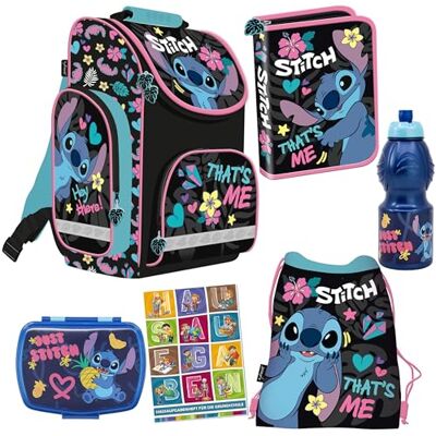 PASO Schulranzen für Jungen und Mädchen, 6er-Set Schul-Rucksack für Kinder mit Federmäppchen Schuhbeutel Trinkflasche und Brotdose Stitch Motiv 1-3 Klasse PASO Schulranzen für Jungen und Mädchen, 6er-Set Schul-Rucksack für Kinder mit Federmäppchen Schuhbeutel Trinkflasche und Brotdose Stitch Motiv 1-3 Klasse