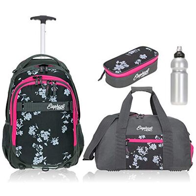 Elephant Schultrolley Rucksack Trolley 4 Teile Set 12838 Grey Flower tsmf Hero Signature Trolly rucksck mit Rollen + Sporttasche Mäppchen Box Trinkflasche Flasche Blume Pink Zip Elephant Schultrolley Rucksack Trolley 4 Teile Set 12838 Grey Flower tsmf Hero Signature Trolly rucksck mit Rollen + Sporttasche Mäppchen Box Trinkflasche Flasche Blume Pink Zip