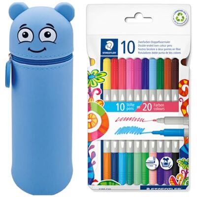 COLOP MARKY Federmäppchen im Emoji-Design in Blau, weiches und strapazierfähiges Silikon, inkl. 10 STAEDTLER Doppelfasermaler Twin Color, Zwei Spitzen mit Zwei Farben, Linienbreiten 3 mm und 1 mm COLOP MARKY Federmäppchen im Emoji-Design in Blau, weiches und strapazierfähiges Silikon, inkl. 10 STAEDTLER Doppelfasermaler Twin Color, Zwei Spitzen mit Zwei Farben, Linienbreiten 3 mm und 1 mm