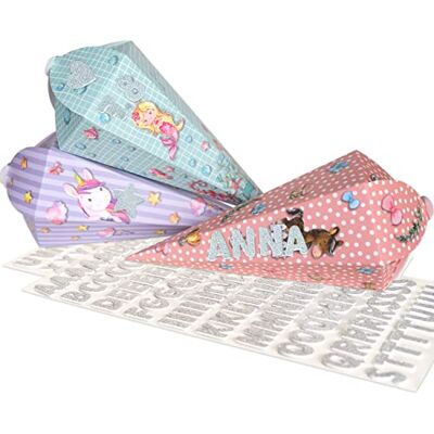 Papierdrachen 3 Bedruckte Schultüten zur Einschulung kleine Zuckertüte für Schwester und Bruder Rosa Türkis inkl. dekorativen Moosgummi Aufklebern Papierdrachen 3 Bedruckte Schultüten zur Einschulung kleine Zuckertüte für Schwester und Bruder Rosa Türkis inkl. dekorativen Moosgummi Aufklebern